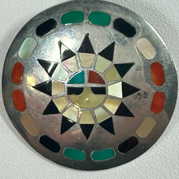 Vintage Signed Zuni Inlay Sun Face HL Lanyate Hesser Turquoise Coral Onyx Shell - Picture 1 of 7